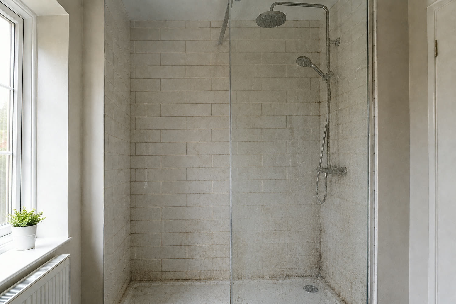 Bathroom before cleaning, with limescale and soap marks