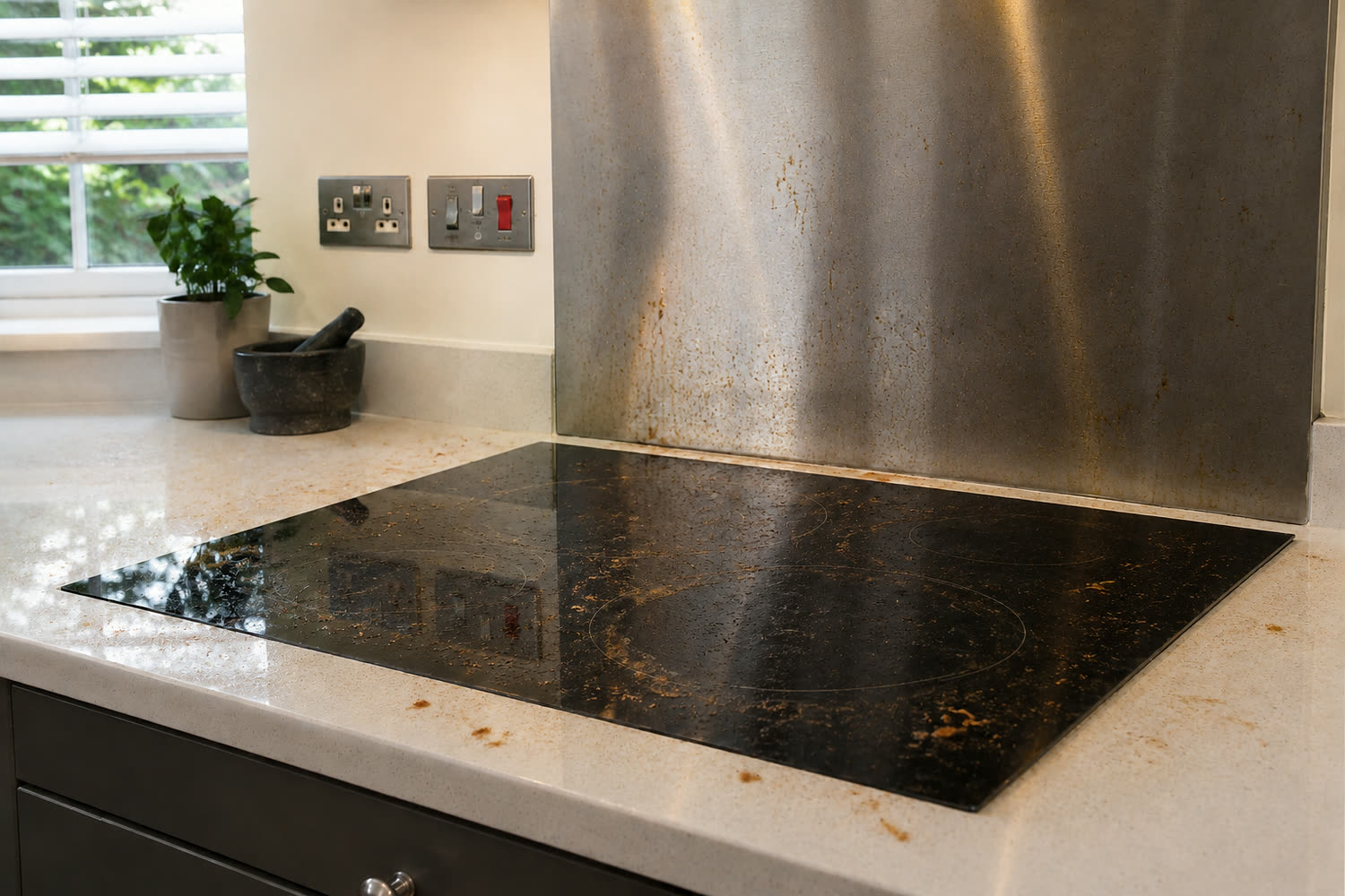 Hob before cleaning, with baked-on spills around the burners