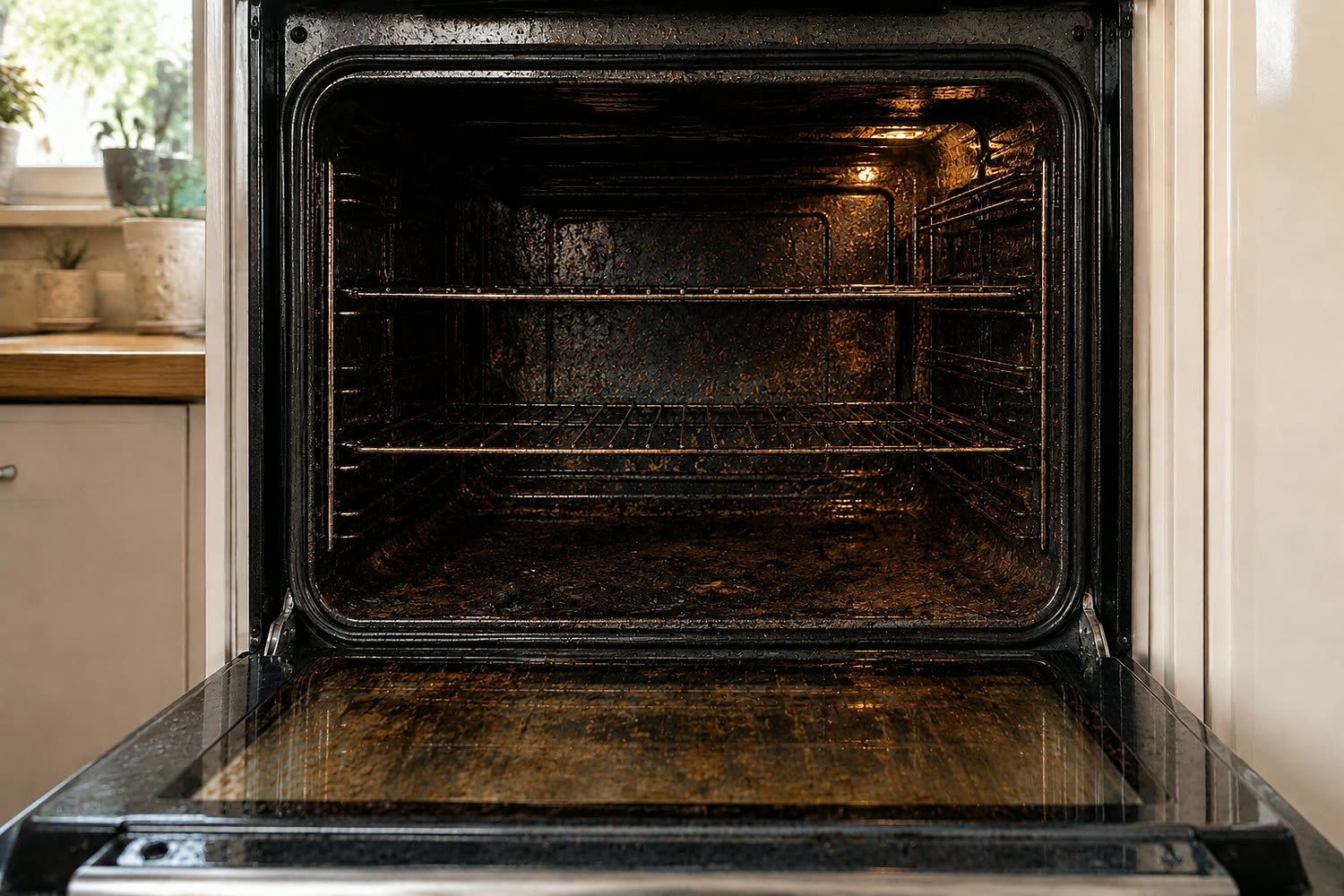 Oven interior before cleaning, coated in burnt-on grease